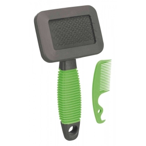 Soft brush, plastic/metal bristles, 7 × 13 cm, green