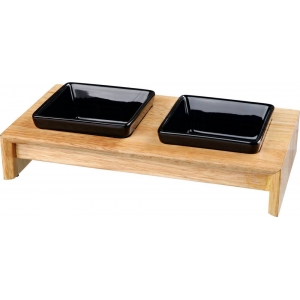 Bowl set, ceramic/wood, 2 × 0.2 l/10 cm/28 × 5 × 15 cm, bowls: black