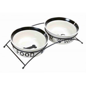 Food/Water bowl set, ceramic/metal, 2 × 1.6 l/ø 20 cm, white/black