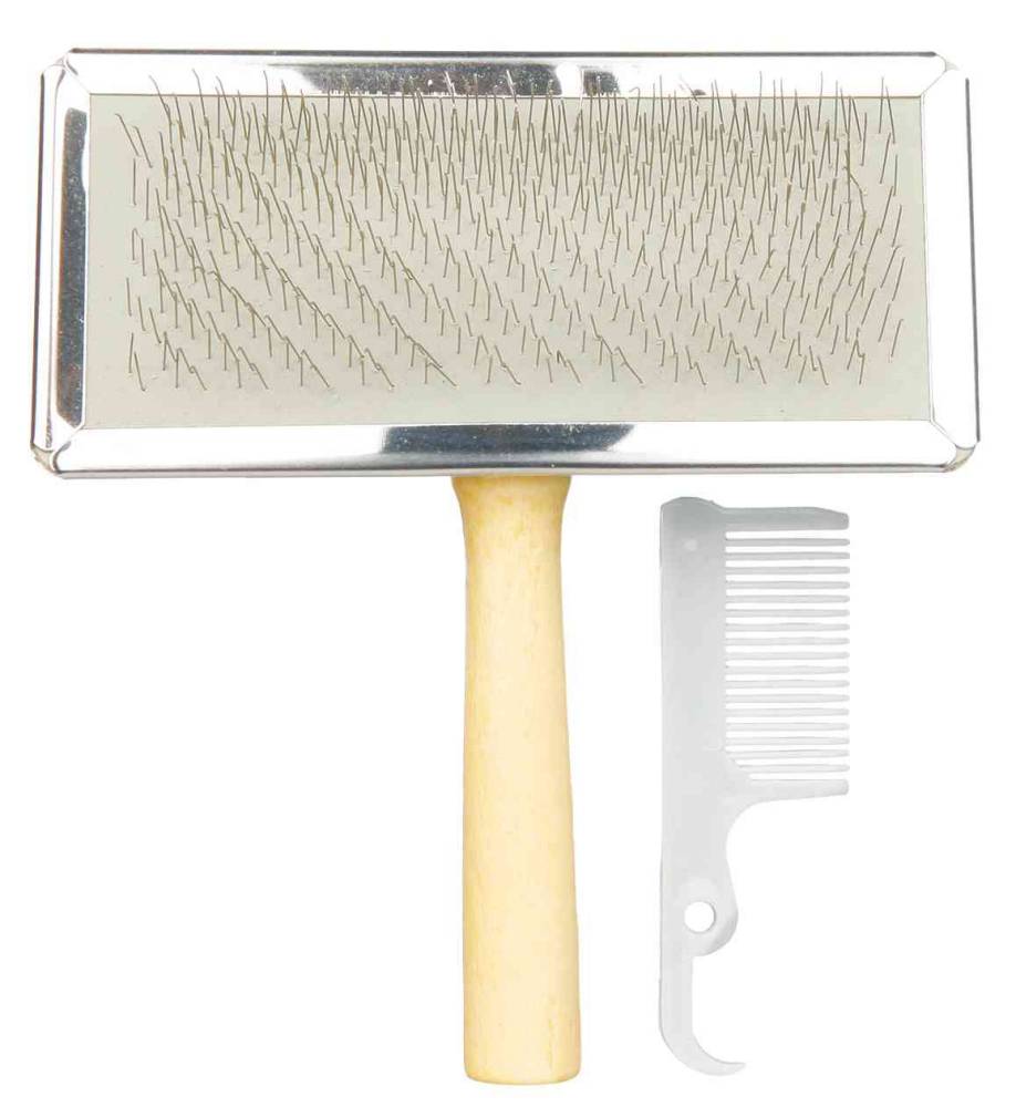 Soft brush, wooden handle/metal bristles, 11 × 14 cm