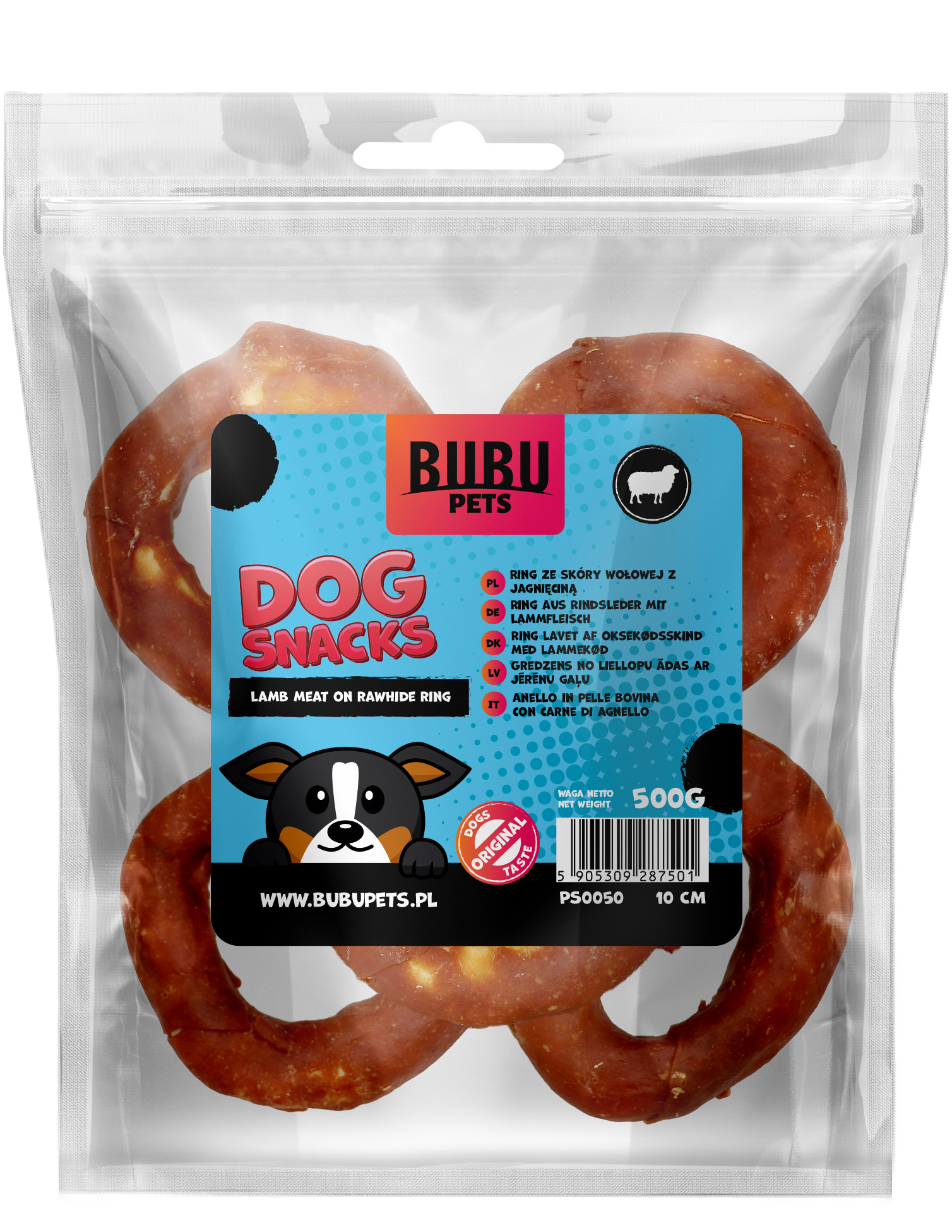 Bubu Pets koeramaius veisenahast rõngad lambalihaga 10cm 500g