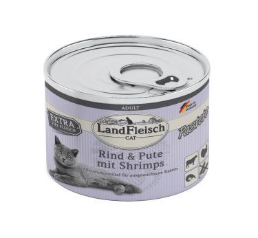 LandFleisch Cat Pastete Rind & Pute mit Shrimps / Veis & Kalkun & Krevett 195g